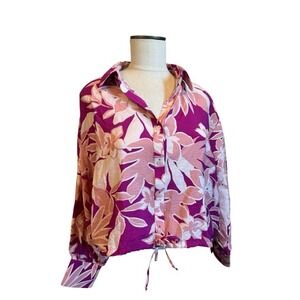 NEW DREW‎ Pink Floral Oversized Crop Button Down Colorful Beach Small